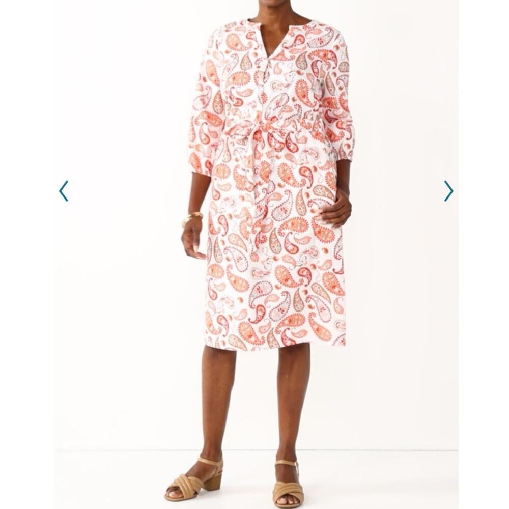 Croft & Barrow Split Neck Shirt Dress Integrated Belt Red Orange Paisley Size XL